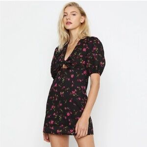 Pam & Gela Neon Ditsy Dress Tie Front Puff‎ Sleeve Mini sz P